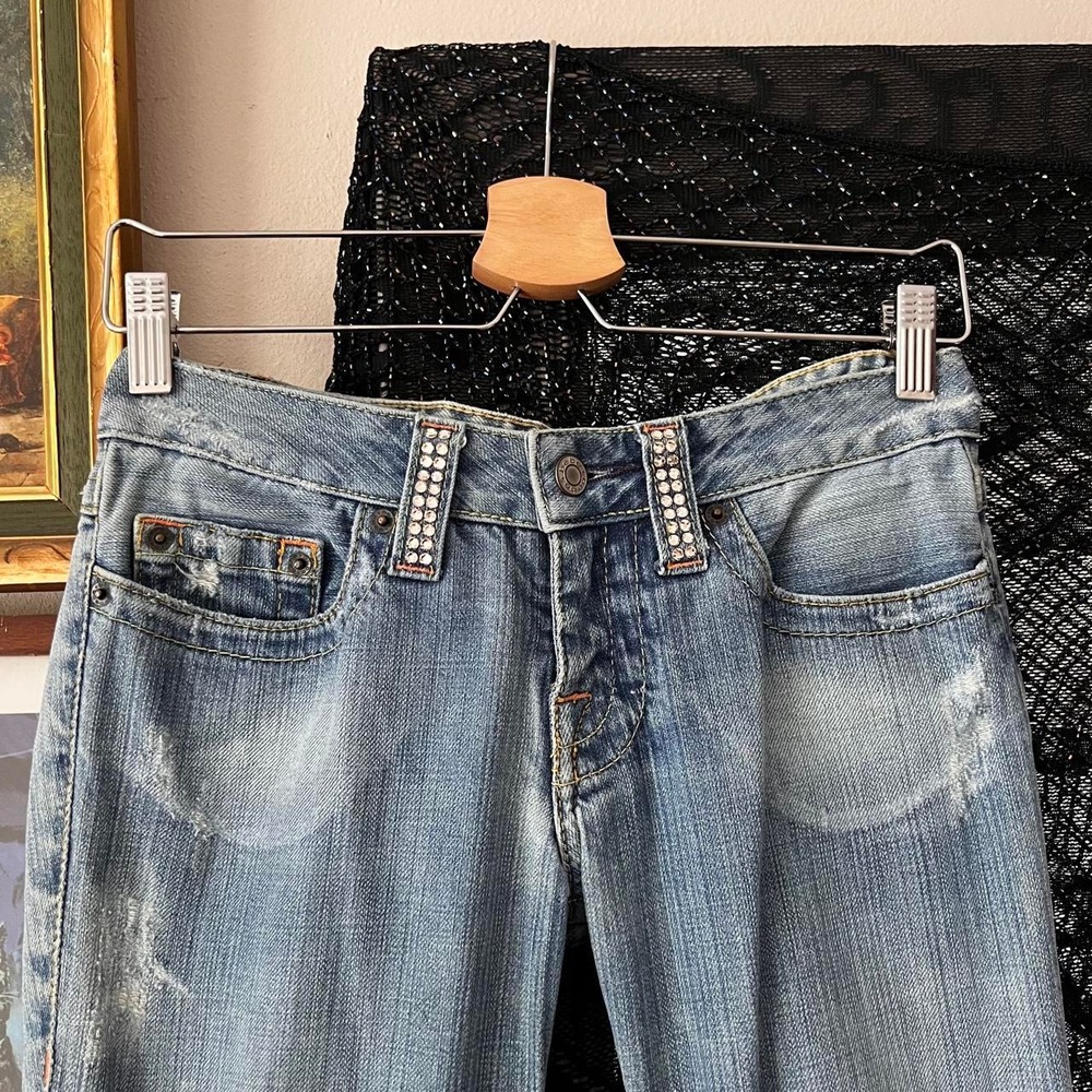 Bebe Y2K Low Rise Flare Jeans Pink Rhinestone Bedazzled Ripped Blue Denim 28 - Picture 4 of 6